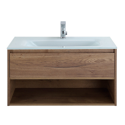 Тумба cо стеклянной раковиной подвесная с одним ящиком и одной открытой полкой BelBagno KRAFT 80 Rovere Tabacco, раковина белая