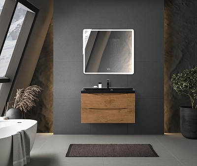 Тумба с раковиной подвесная BelBagno MARINO 80 Rovere Nature, раковина чёрная