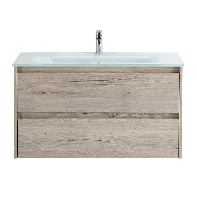 Тумба со стеклянной раковиной подвесная BelBagno KRAFT 90 Rovere Galifax Bianco, раковина белая