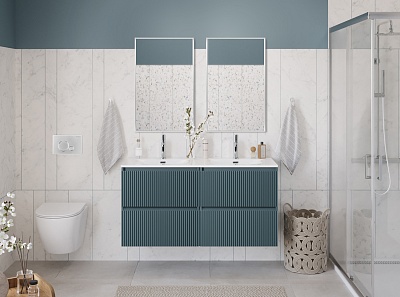 Тумба с раковиной подвесная с четырьмя ящиками BelBagno UNO 120 Голубой Матовый, раковина BB-8099-120-2