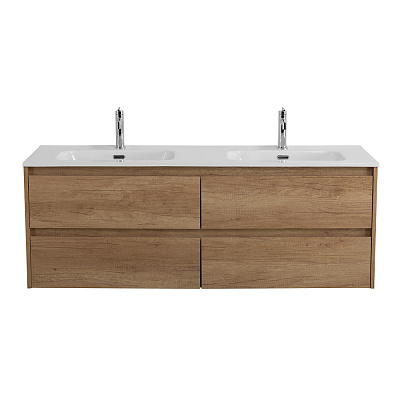 Тумба с четырьмя ящиками и раковиной на две чаши подвесная BelBagno KRAFT 140 Rovere Nebrasca Nature , раковина белая