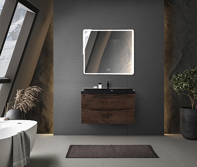 Тумба с раковиной подвесная BelBagno MARINO 80 Rovere Moro, раковина чёрная