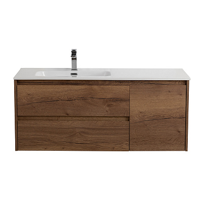 Тумба с раковиной подвесная с двумя ящиками и одной дверцей BelBagno KRAFT 100 Rovere Tabacco левая, раковина белая