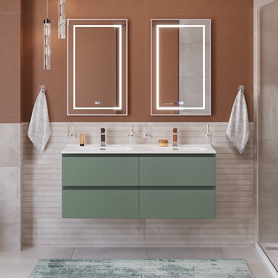Тумба с четырьмя ящиками и раковиной на две чаши подвесная BelBagno KRAFT 120 Еловый Матовый, раковина BB1200-2-ETL