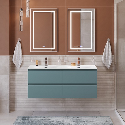 Тумба с четырьмя ящиками и раковиной на две чаши подвесная BelBagno KRAFT 120 Голубой Матовый, раковина BB-8099-120-2