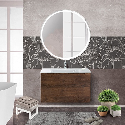 Тумба со стеклянной раковиной подвесная BelBagno ETNA 80 Rovere Moro, раковина белая