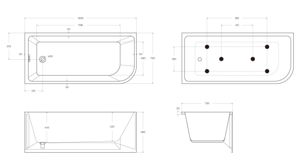 Акриловая ванна BelBagno BB712-1600-730-L