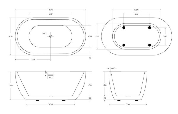 Акриловая ванна BelBagno BB70-1500-800-W/NM