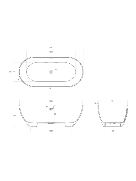 Ванна из искусственного камня Solid Surface 1700x800x575, BELBAGNO BB-ETNA-170-80-58-SSB — фото 6