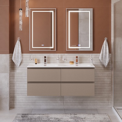 Тумба с четырьмя ящиками и раковиной на две чаши подвесная BelBagno KRAFT 120 Бежевый матовый, раковина BB1200-2-ETL