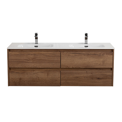 Тумба с четырьмя ящиками и раковиной на две чаши подвесная BelBagno KRAFT 120 Rovere Tabacco , раковина белая