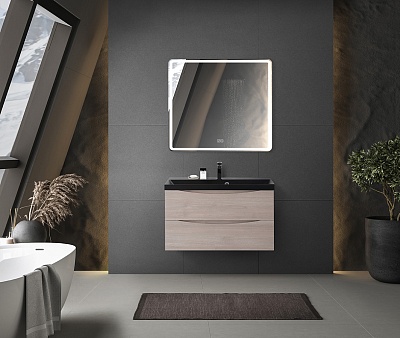 Тумба с раковиной подвесная BelBagno MARINO 90 Rovere Grigio, раковина чёрная
