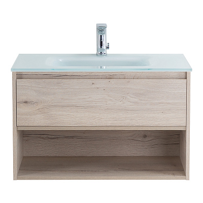 Тумба cо стеклянной раковиной подвесная с одним ящиком и одной открытой полкой BelBagno KRAFT 80 Rovere Galifax Bianco, раковина белая