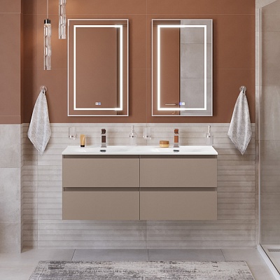 Тумба с четырьмя ящиками и раковиной на две чаши подвесная BelBagno KRAFT 120 Бежевый матовый, раковина BB-8099-120-2