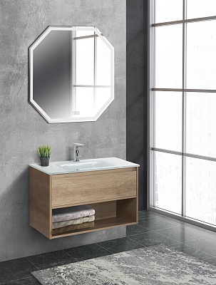 Тумба cо стеклянной раковиной подвесная с одним ящиком и одной открытой полкой BelBagno KRAFT 90 Rovere Nebrasca Nature, раковина белая