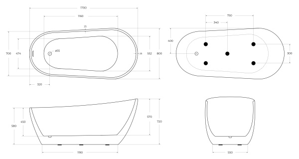 Акриловая ванна BelBagno BB704-1700-800-K