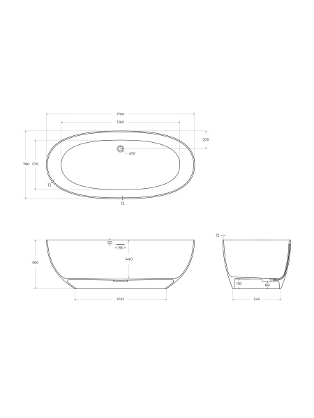 Ванна из искусственного камня Solid Surface 1700x780x560, CEZARES CZR-STREAM-170-78-56-SSB — фото 6