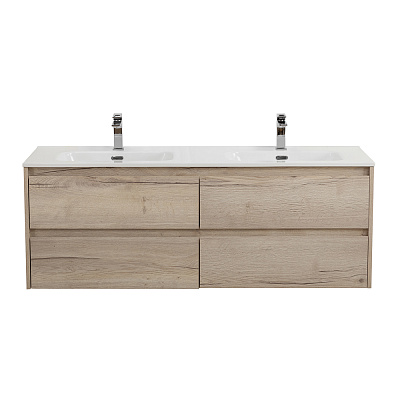 Тумба с четырьмя ящиками и раковиной на две чаши подвесная BelBagno KRAFT 120 Rovere Galifax Bianco , раковина белая