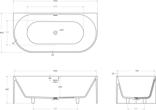 Ванна из искусственного камня Solid Surface CEZARES CZR-METAURO-WALL-170-80-55-SSB