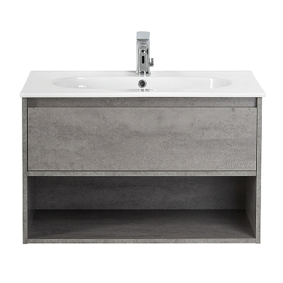 Тумба c раковиной подвесная с одним ящиком и одной открытой полкой BelBagno KRAFT 80 Cemento Grigio, раковина белая