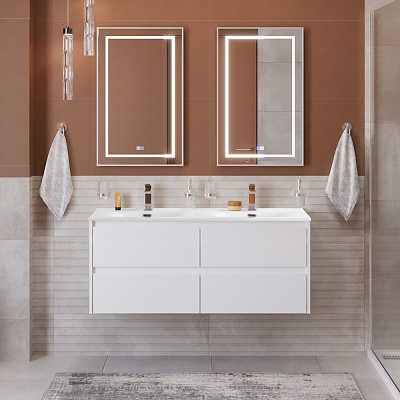Тумба с четырьмя ящиками и раковиной на две чаши подвесная BelBagno KRAFT 120 Bianco Opaco, раковина BB-8099-120-2