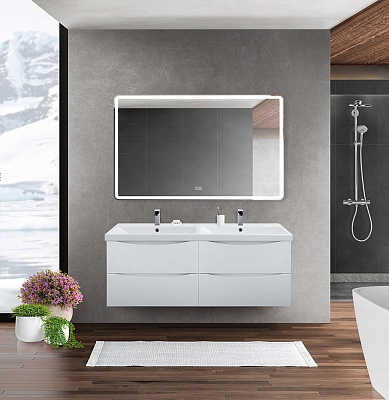 Тумба с раковиной на две чаши четырьмя ящиками подвесная BelBagno MARINO-CER 120 Bianco Opaco, раковина белая