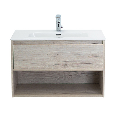 Тумба c раковиной подвесная с одним ящиком и одной открытой полкой BelBagno KRAFT 80 Rovere Galifax Bianco, раковина белая