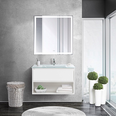 Тумба cо стеклянной раковиной подвесная с одним ящиком и одной открытой полкой BelBagno KRAFT 80 Bianco Opaco, раковина белая