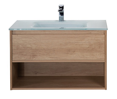 Тумба cо стеклянной раковиной подвесная с одним ящиком и одной открытой полкой BelBagno KRAFT 90 Rovere Nebrasca Nature, раковина белая