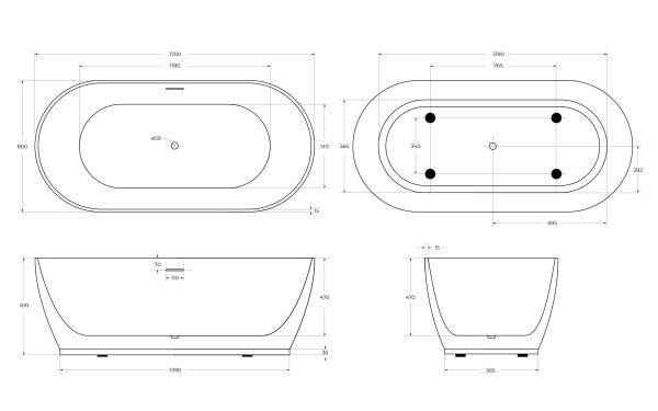 Акриловая ванна BelBagno BB413-1700-800-MATT