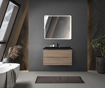 Тумба с раковиной подвесная BelBagno MARINO 80 Rovere Bianco, раковина чёрная