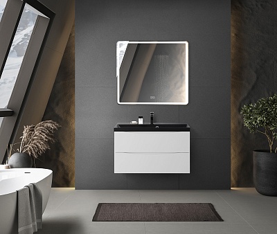 Тумба с раковиной подвесная BelBagno MARINO 80 Bianco Lucido, раковина чёрная
