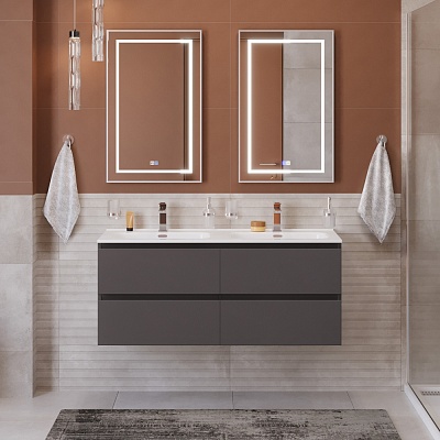 Тумба с четырьмя ящиками и раковиной на две чаши подвесная BelBagno KRAFT 120 Темно-Серый Матовый, раковина BB1200-2-ETL