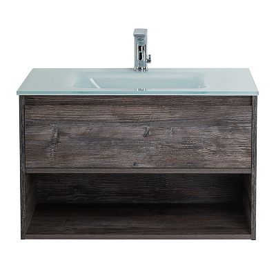 Тумба cо стеклянной раковиной подвесная с одним ящиком и одной открытой полкой BelBagno KRAFT 80 Pino Pasadena, раковина белая