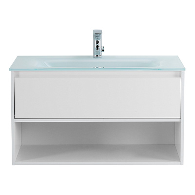 Тумба cо стеклянной раковиной подвесная с одним ящиком и одной открытой полкой BelBagno KRAFT 80 Bianco Opaco, раковина белая