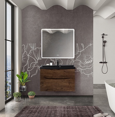 Тумба с раковиной подвесная BelBagno MARINO-H60 90 Rovere Moro, раковина черная